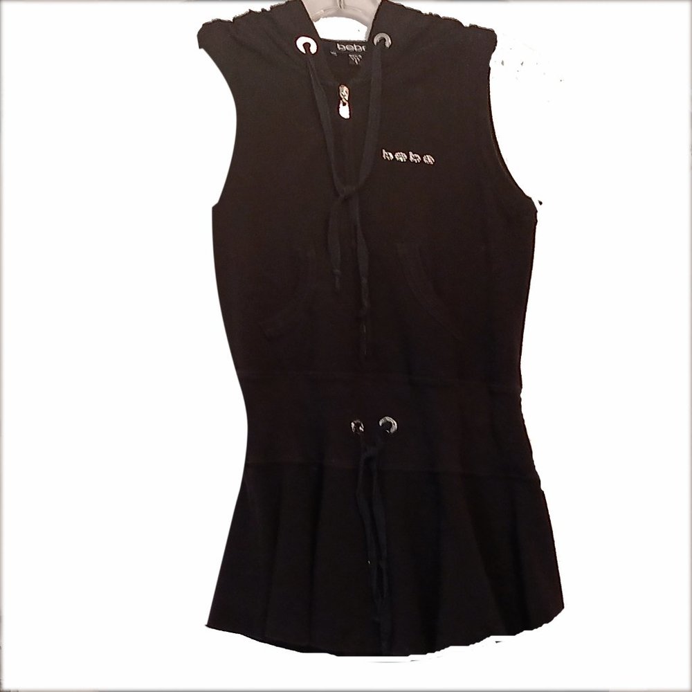 Bebe Black Hooded Sleeveless Mini Sweater Dress Size Small